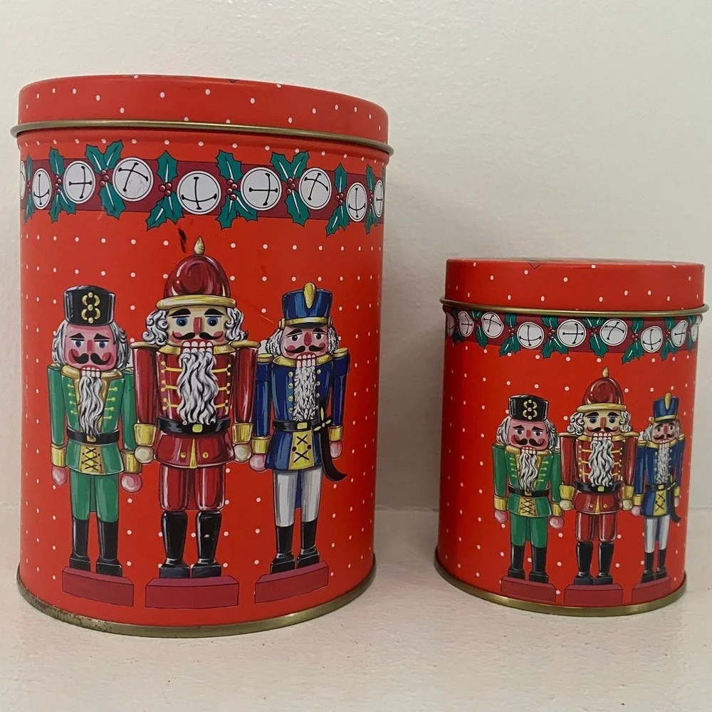 Christmas Nutcracker Red Nesting Metal Cookie Tin Holiday Trinket Storage Setof2